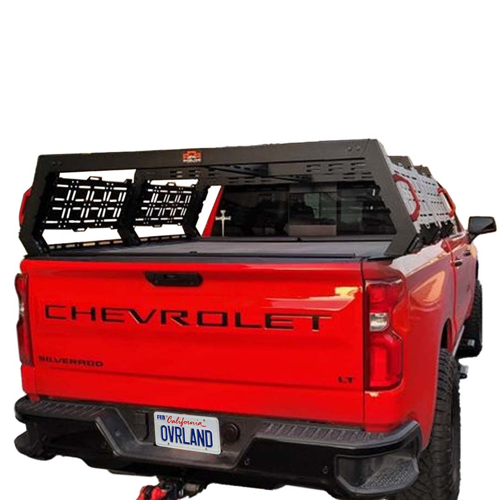 Ruff Rax 2019-2026 Chevy Silverado GMC Sierra 1500 5.7 ft modular bed rack three-quarter view on truck