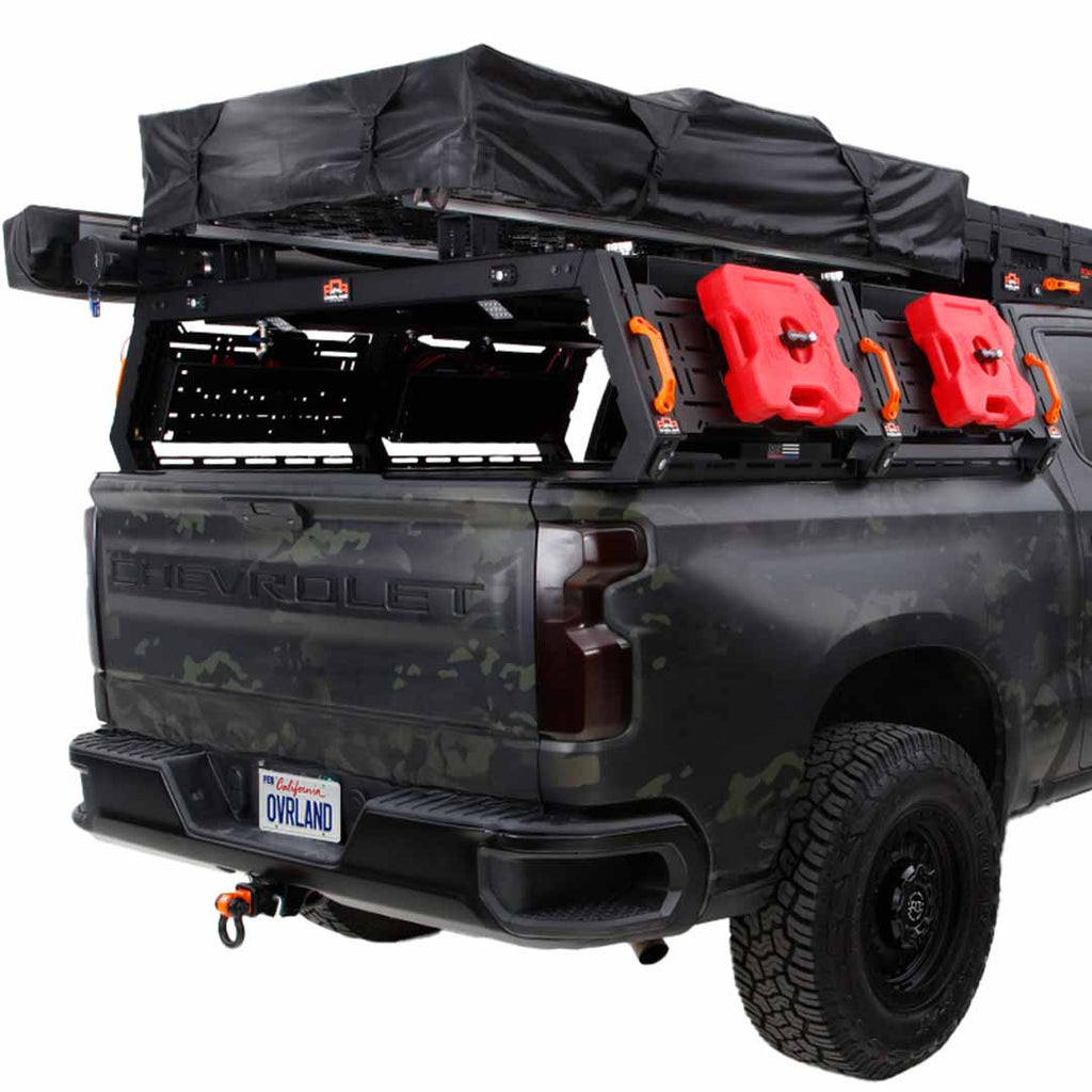 Ruff Rax 2020-2026 Chevy Silverado GMC Sierra 2500 3500 modular bed rack three-quarter view on truck