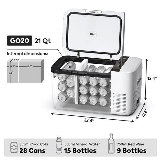 ICECO GO20 white dual zone car fridge with magnetic power bank attached