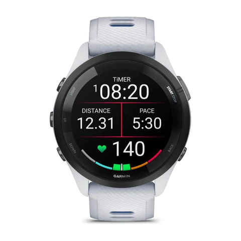Garmin Forerunner 265 Black Bezel with Whitestone and Tidal Blue Silicone Band Run Data and Information