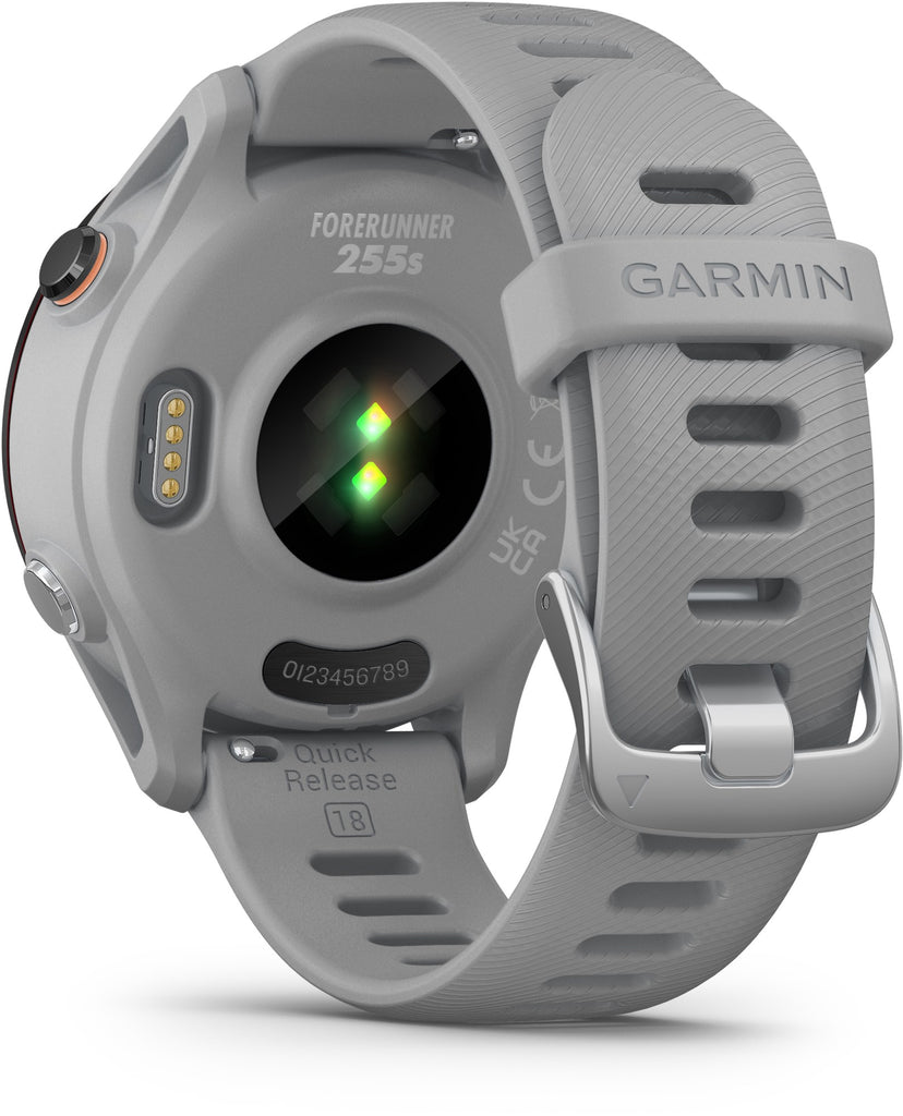 Garmin Forerunner 255s Powder Gray charging outlet and sensor
