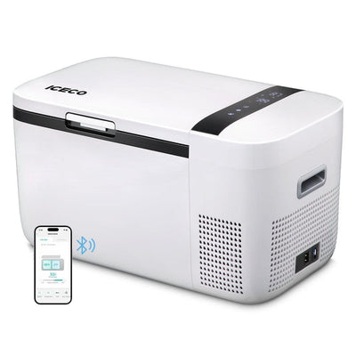 ICECO GO20 white 21QT compact dual zone 12V portable fridge freezer front view