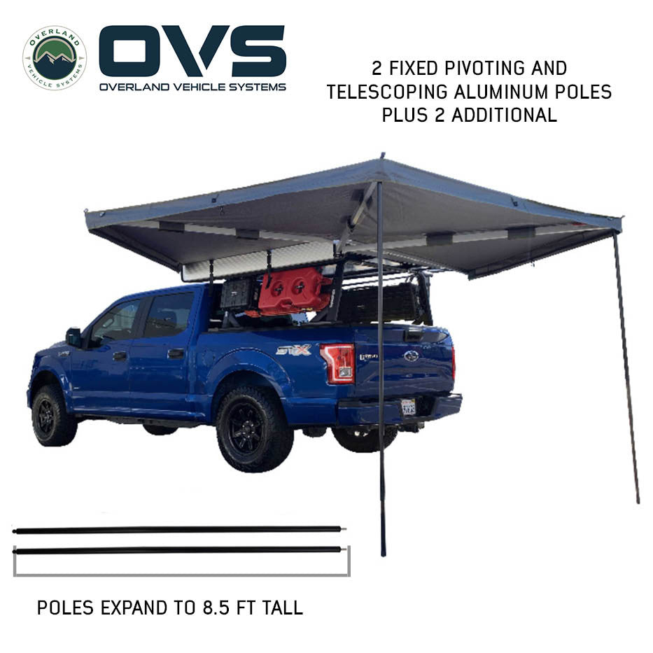 HD Nomadic 270 LT awning pivoting aluminum telescoping support poles deployed