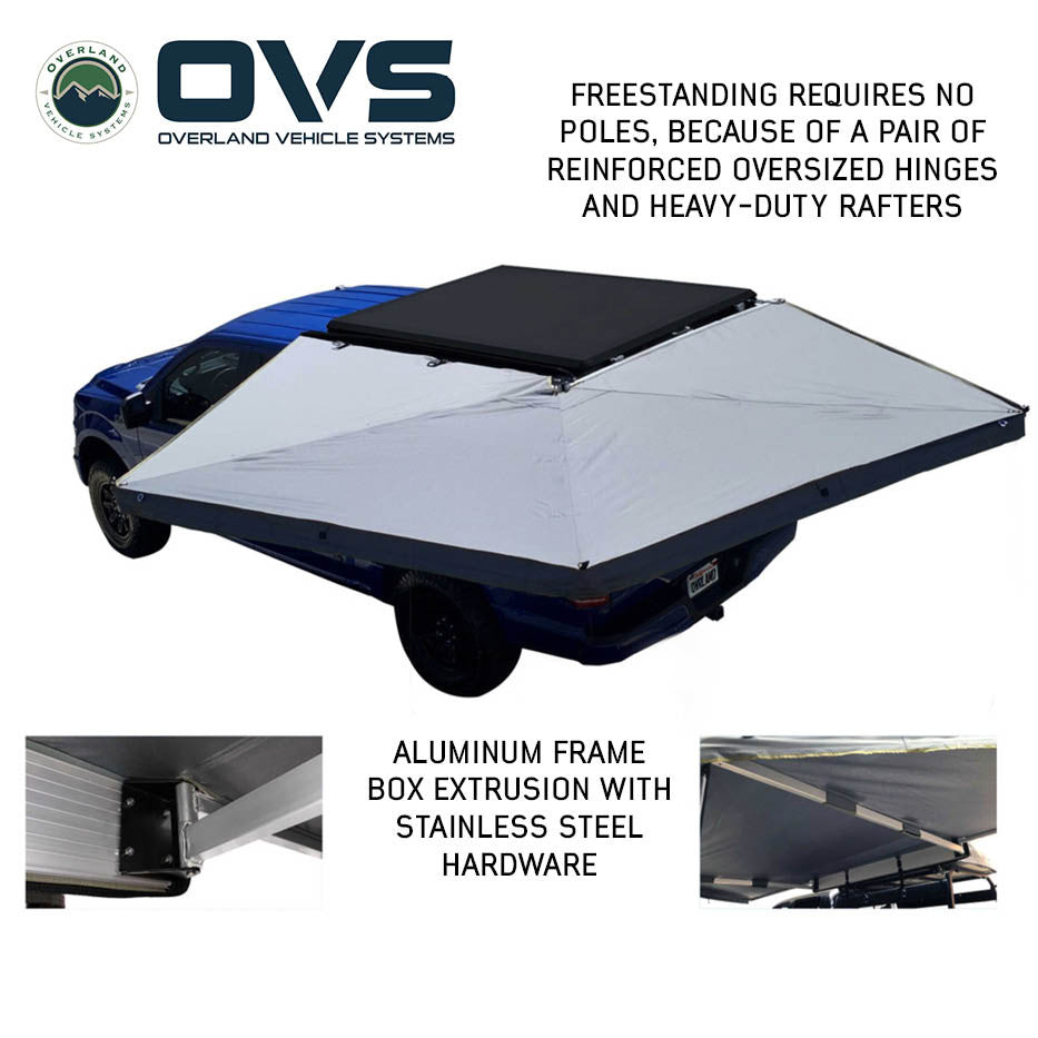 OVS HD Nomadic 270 LT awning fully deployed dark gray fabric top view