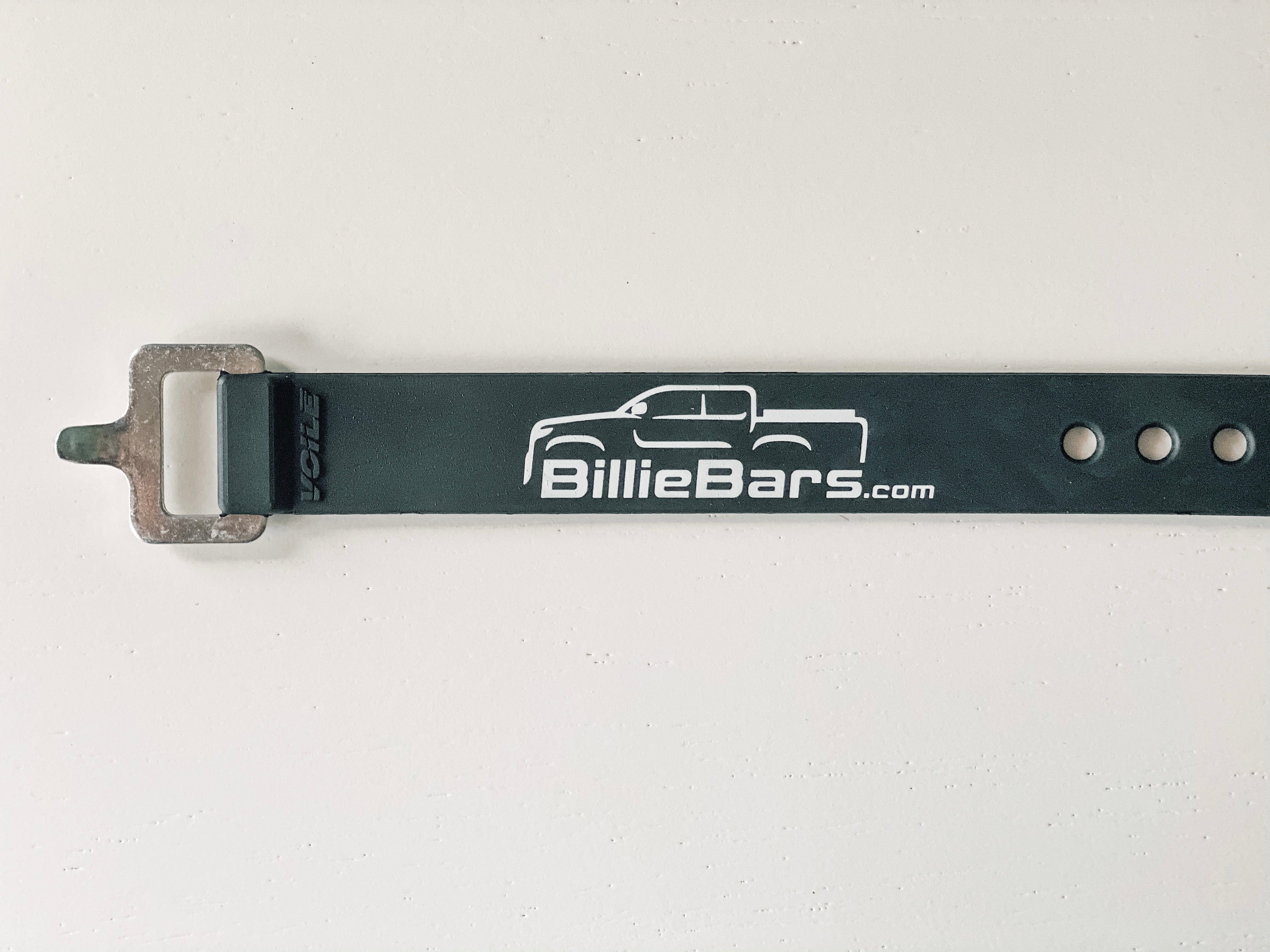 BillieBars rear tire strap Voile strap with BillieBars logo securing bike wheel to tire tray