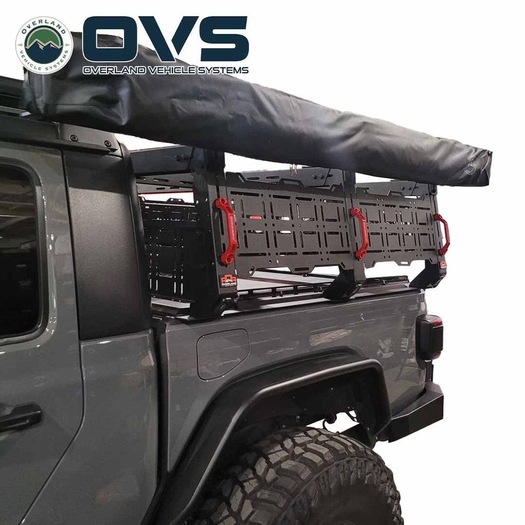 Ruff Rax 2018-2026 Jeep Gladiator 5 ft bed rack in-use view with rooftop tent and overland gear loaded