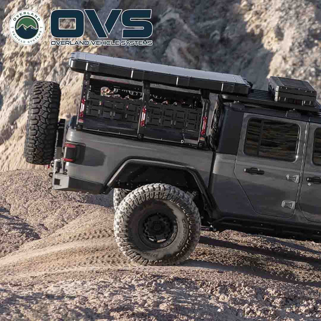 Ruff Rax Gladiator modular bed rack lifestyle view showing full overland setup at camp