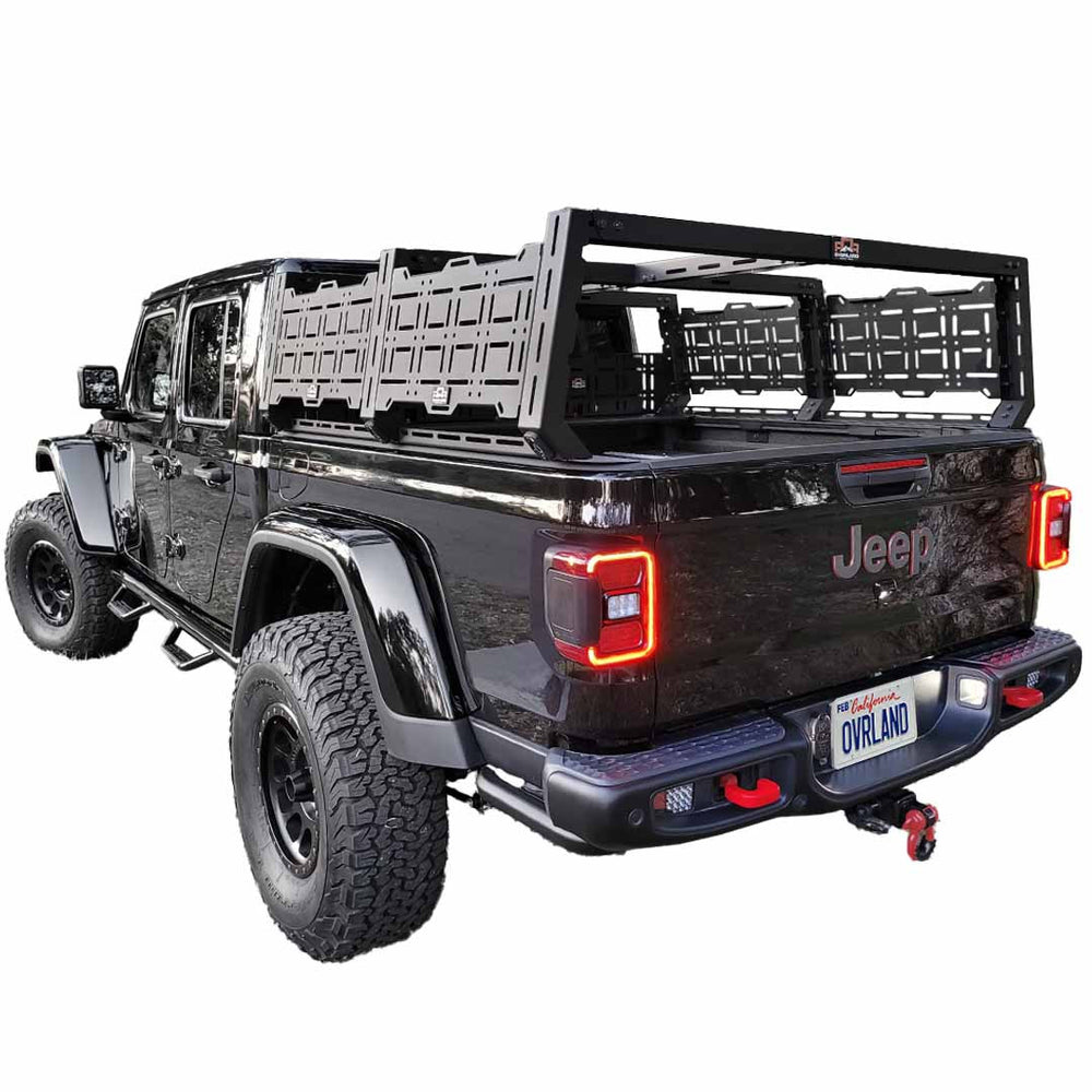 Ruff Rax 2018-2026 Jeep Gladiator 5 ft modular bed rack three-quarter lifestyle view on trail