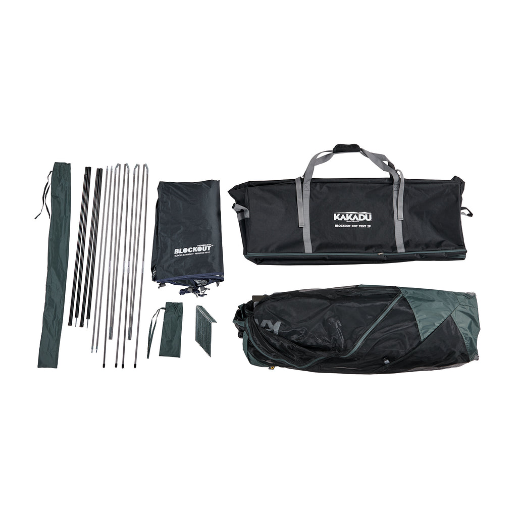 Image showing the kakadu 2 person cot tent with the bag and all of its accessories