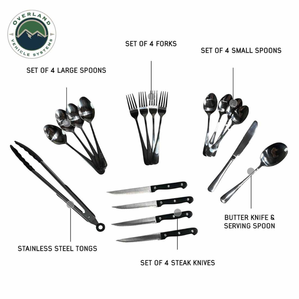 Overland Vehicle Systems Ultimate 39 Piece Utensil Set - Black Powder Coat Universal