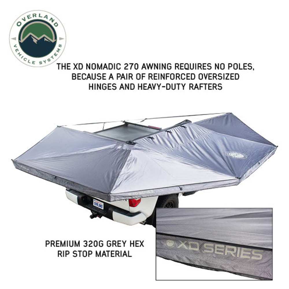 Overland Vehicle Systems XD Nomadic 270 - Awning W/Lights & Black Out Grey Hex, Black Trim & Black Travel Cover
