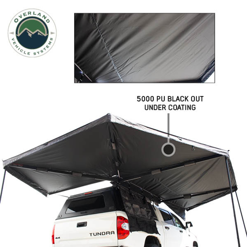 Overland Vehicle Systems XD Nomadic 270 - Awning W/Lights & Black Out Grey Hex, Black Trim & Black Travel Cover