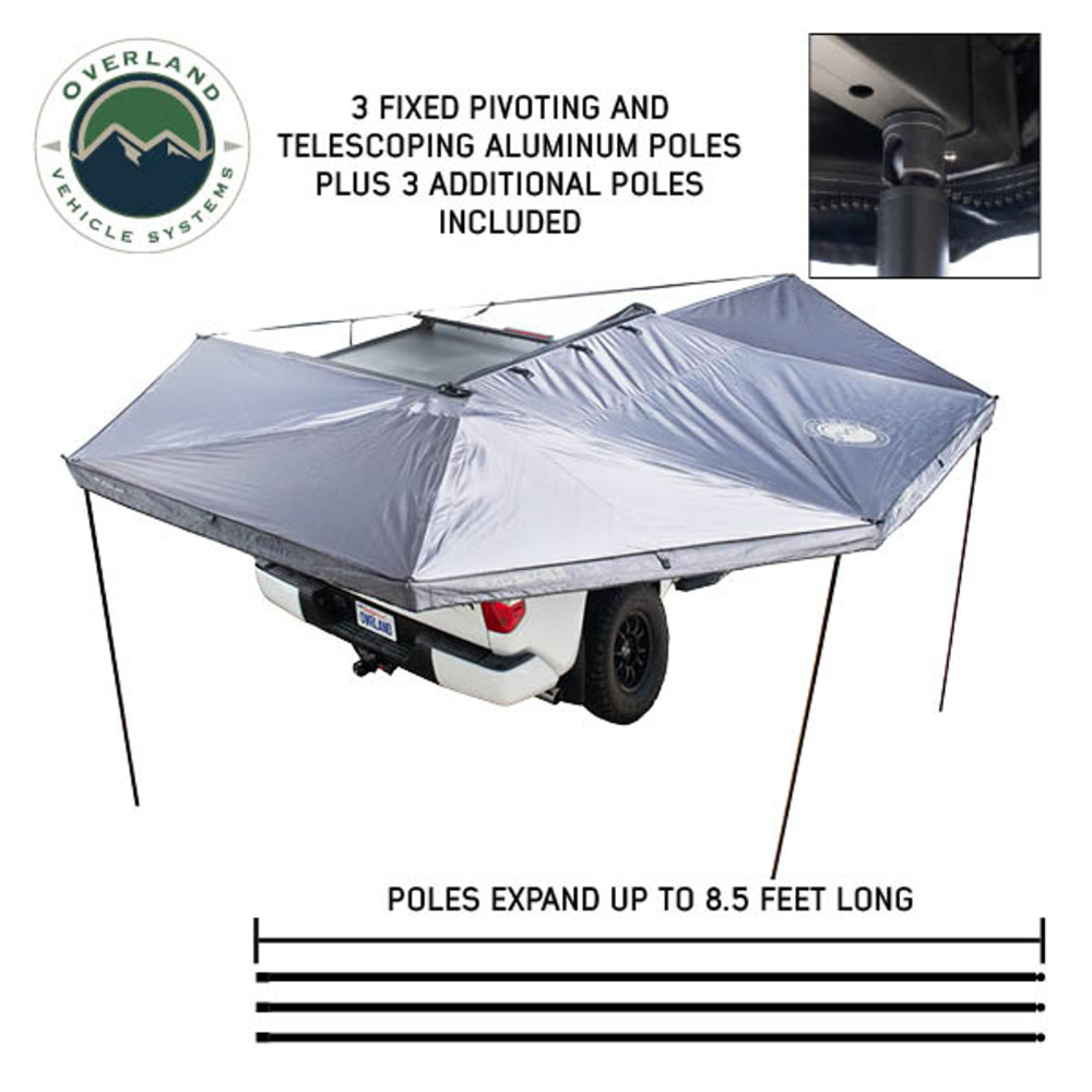 Overland Vehicle Systems XD Nomadic 270 - Awning W/Lights & Black Out Grey Hex, Black Trim & Black Travel Cover