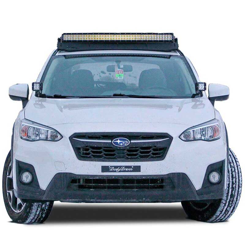 Prinsu Roof Rack on white Subaru Crosstrek with LED lights on hood