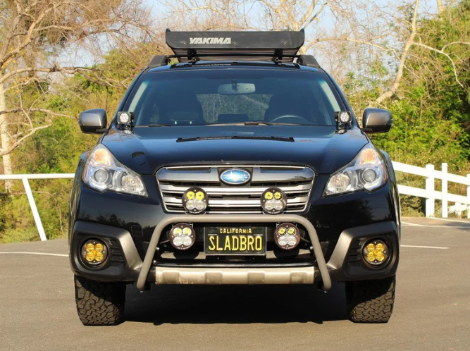 Front view of the rally light bar mounted on a Subaru Outback