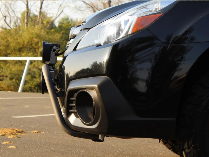 Side view of the rally light bar mounted on a Subaru Outback