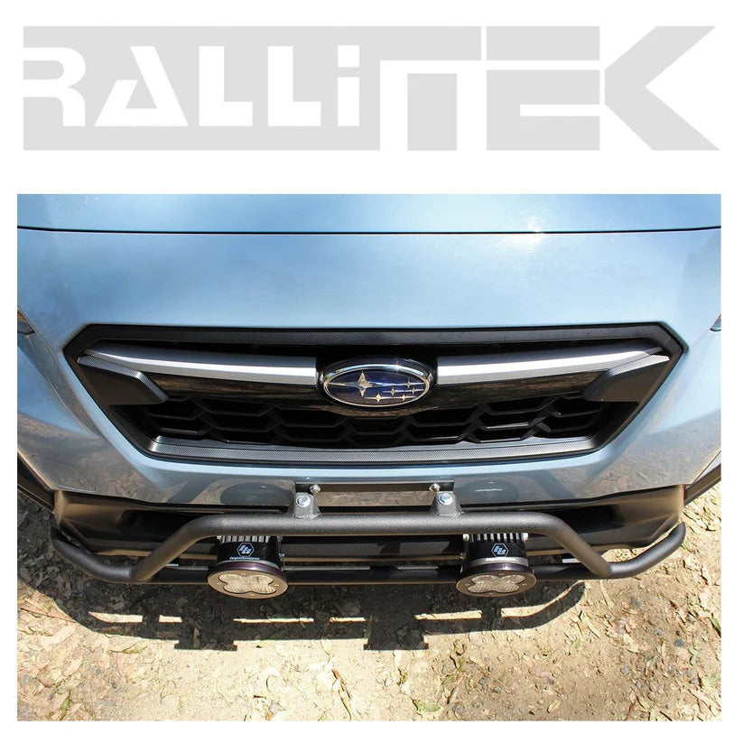 Zoomed in view of rally light bar system mounted on a subaru crosstrek 