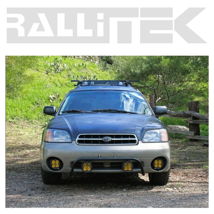 Front view of the rallitek light bar with two led lights mounted on a subaru legacy