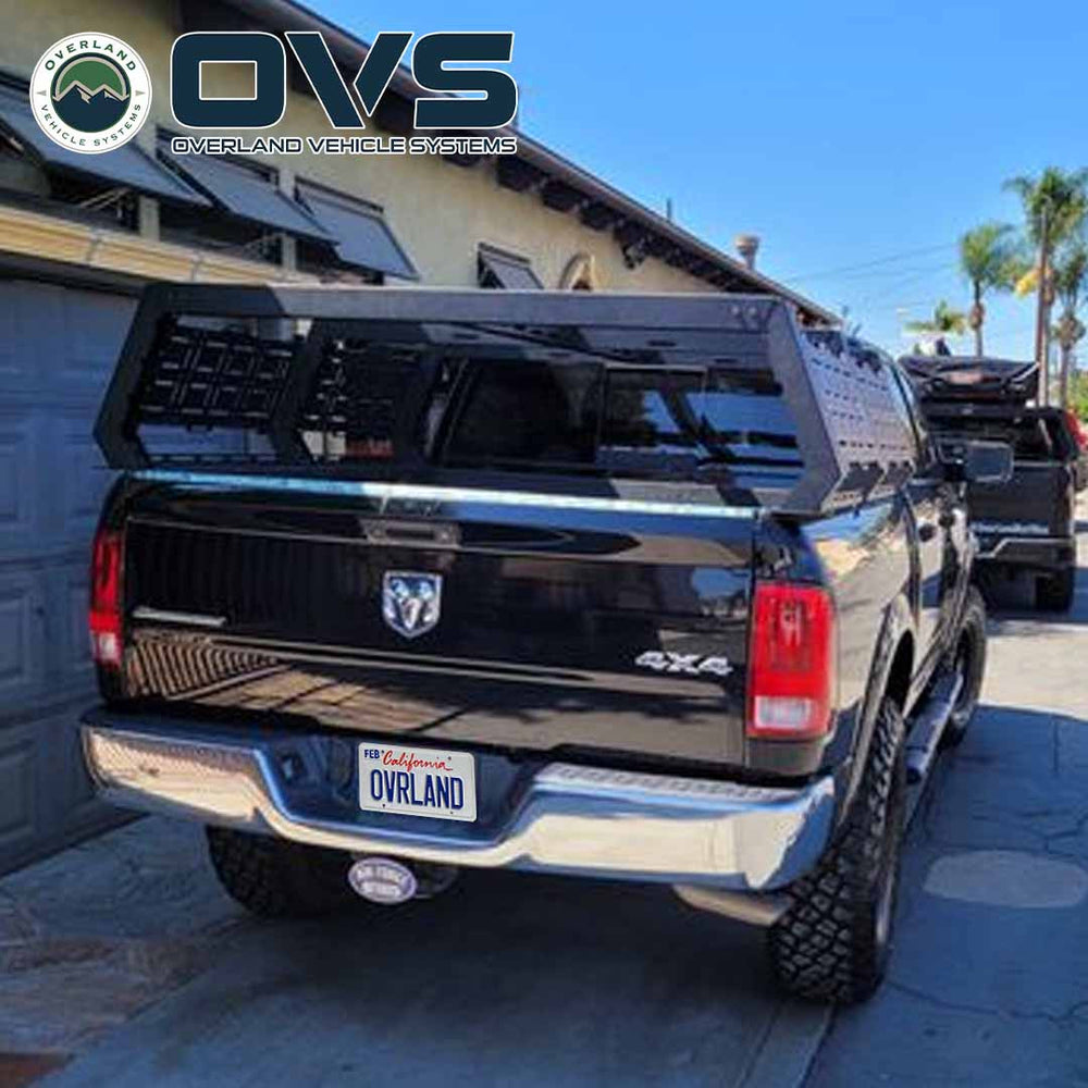 Ruff Rax 2009-2018 RAM 1500 5.7 ft modular bed rack rear view showing platform depth and external bed rail mounting system