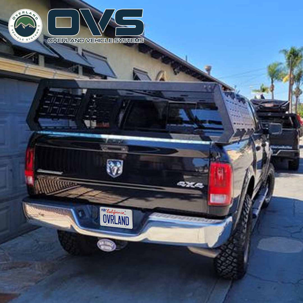 Ruff Rax 2009-2018 RAM 1500 5.7 ft modular bed rack rear view showing platform depth and external bed rail mounting system