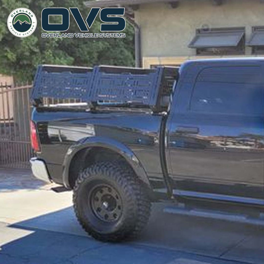 Ruff Rax 2009-2018 RAM 1500 5.7 ft bed rack side view showing adjustable crossbar layout and dual-stage black powder coat
