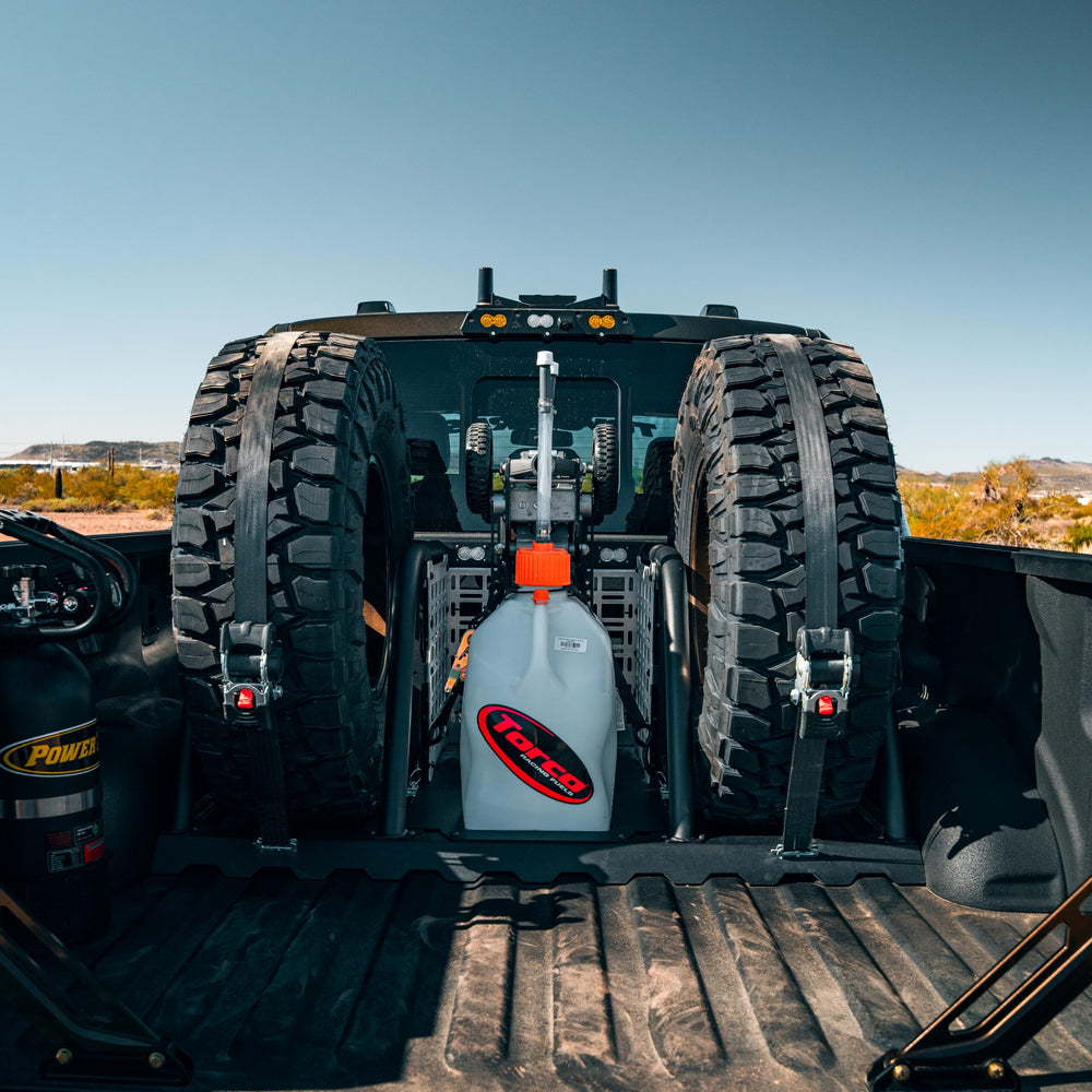 Ford Raptor chase rack rear three-quarter view with recovery gear mounted