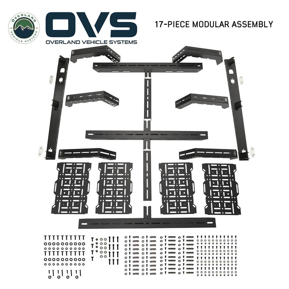 Ruff Rax 2011-2026 RAM 2500 3500 bed rack parts layout showing complete 17-piece modular kit with all hardware included