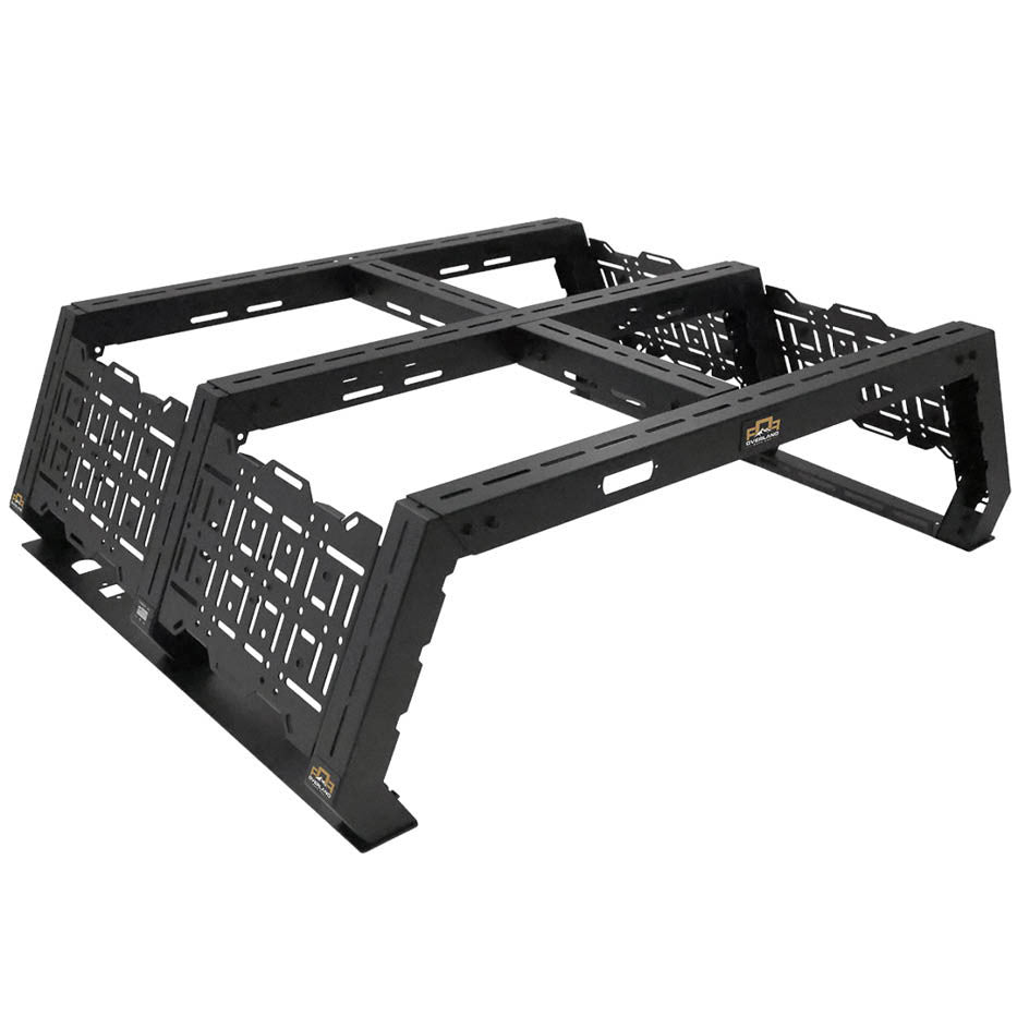 Ruff Rax 2011-2026 RAM 2500 3500 6.4 ft modular bed rack three-quarter view showing full carbon steel platform on HD RAM
