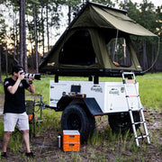 Runaway Campers Venturist XS Trailer with person beside for size perspective