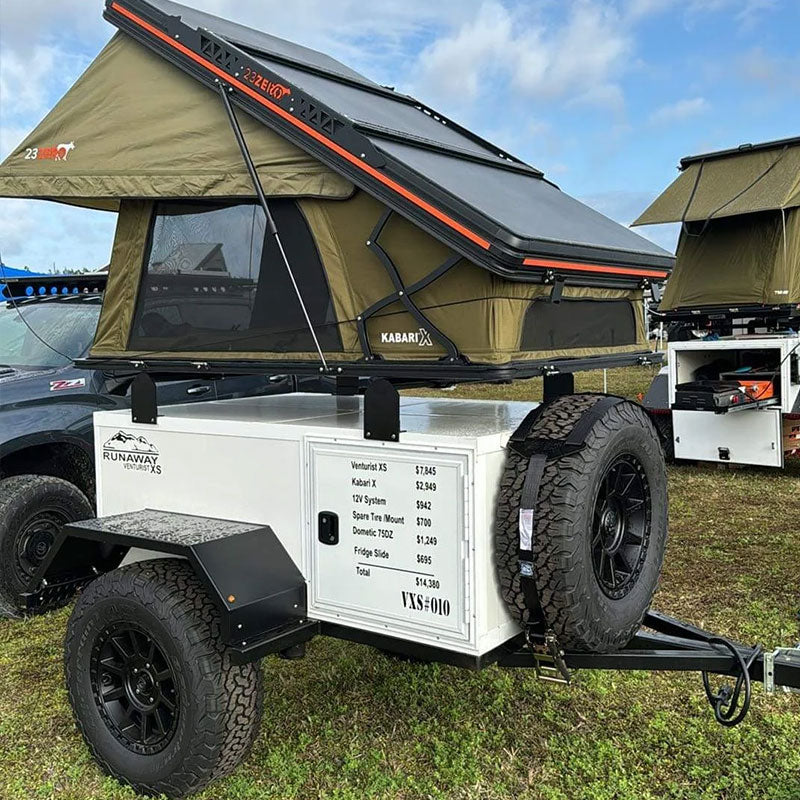 Runaway Campers Venturist XS off-road cargo trailer with roof top tent mounted for overland camping