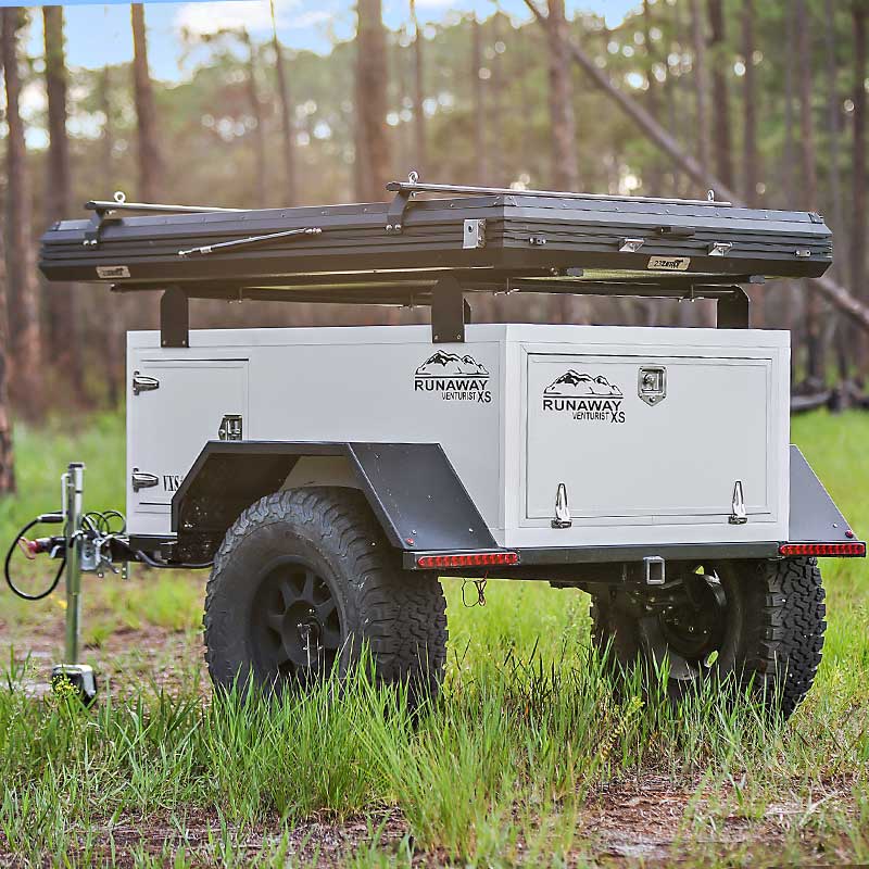 Runaway Campers Venturist XS Trailer back view with closed 23 zero tent 