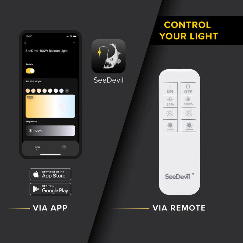 See Devil 60 Watt Balloon Light Kit app and remote controls