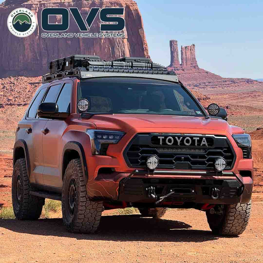 Ruff Rax Toyota Sequoia roof rack three-quarter angle showing dual-stage black powder coat finish
