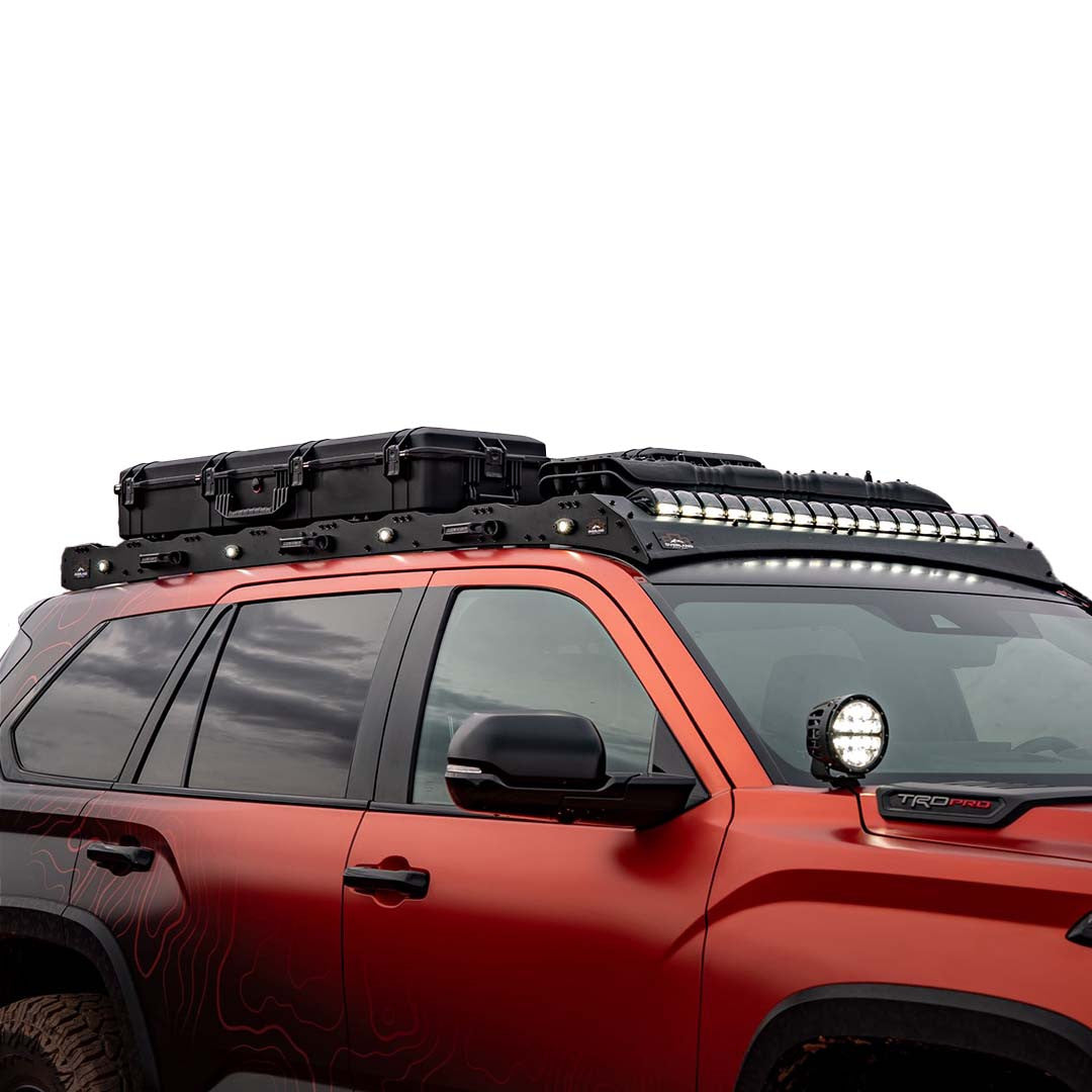 Ruff Rax 2023-2026 Toyota Sequoia roof rack three-quarter view showing full aluminium platform