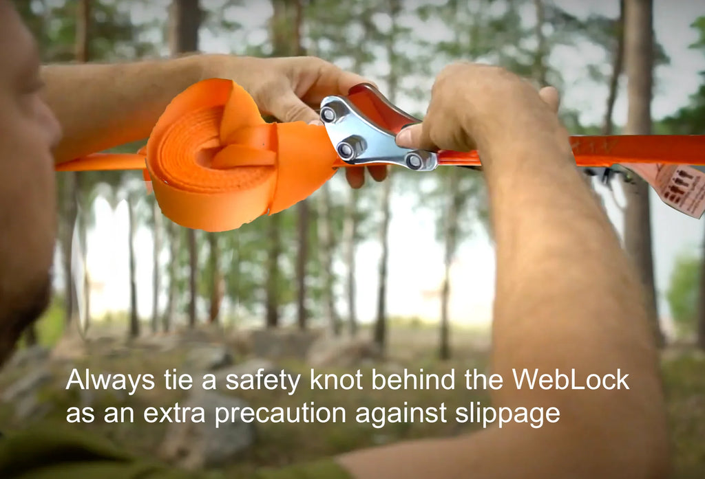 Man tying a safety knot behind the weblock