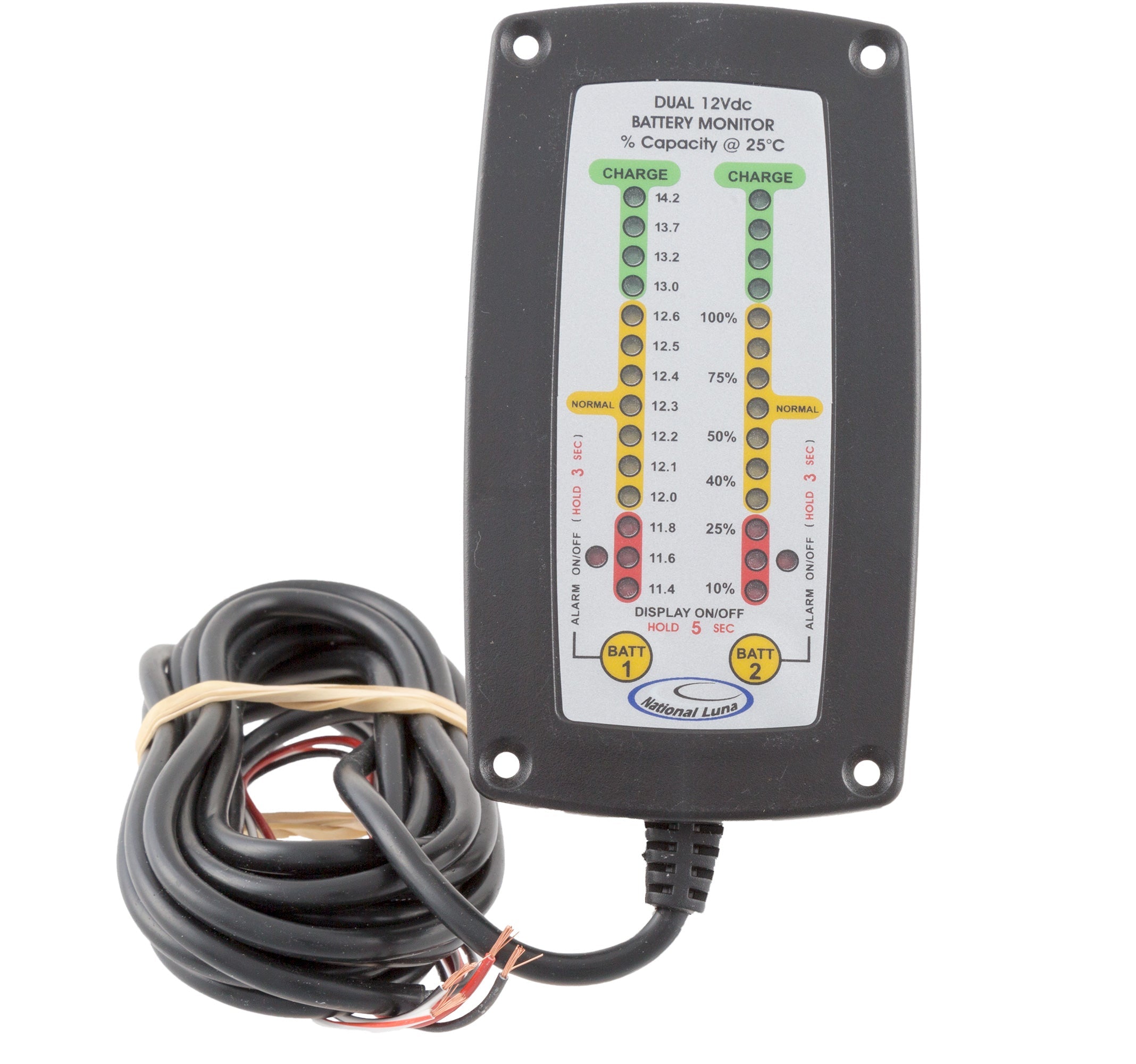 National Luna battery monitor digital display showing battery charge status for dual battery system