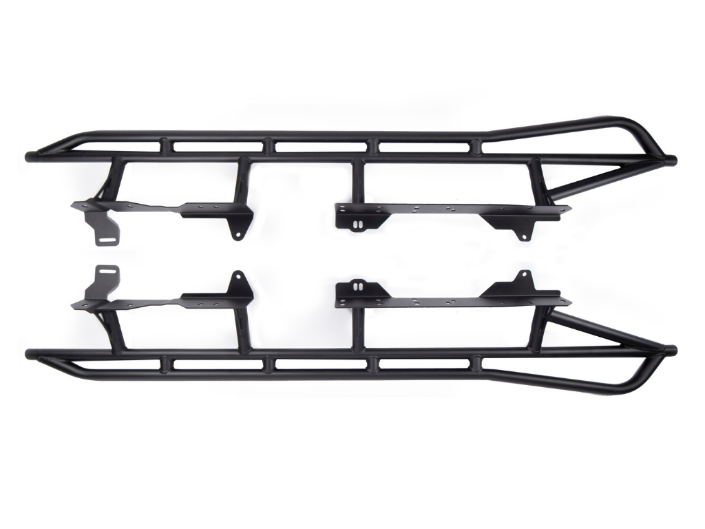 Cali Raised Trail Edition Tacoma rock sliders showing DOM tubing construction gusseting and frame plates