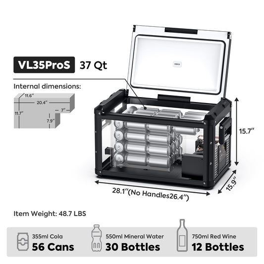 ICECO VL35ProS black 37QT single zone portable fridge freezer front view