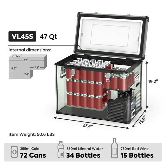 ICECO VL45 olive 12V portable fridge freezer open lid view