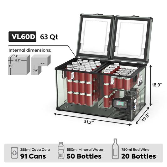 ICECO VL60 olive dual zone portable fridge interior view