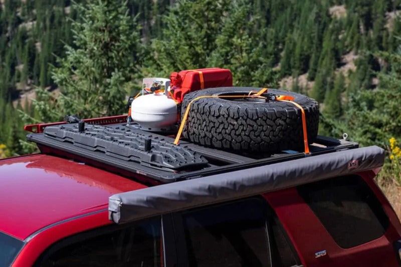 Close Up Side View Of The 4Runner ARB Base Rack With Mounted Gear