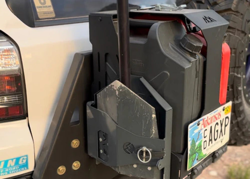Backwoods Double Jerry Can Carrier Side View With A Mounted Shovel