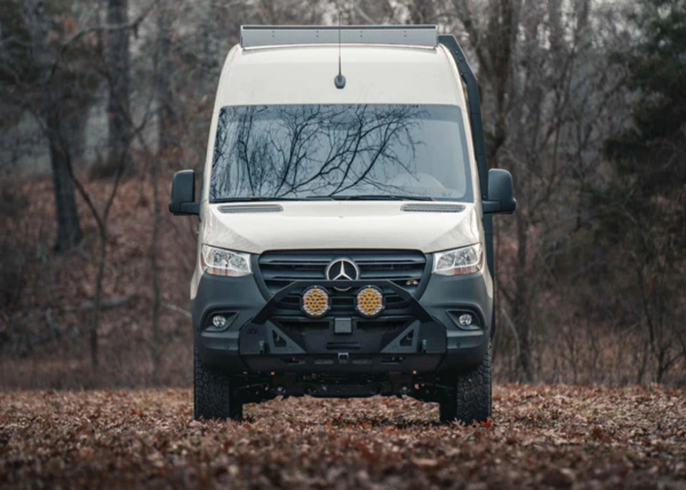 Front View Of The Mounted Backwoods Mercedes Sprinter Scout Front Bumper Bull Bar