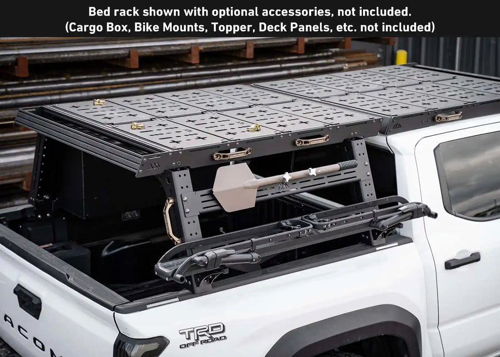 Backwoods Toyota Tacoma Overland Bed Rack with accessories mounted