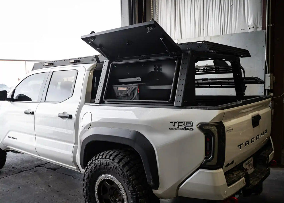 Backwoods Toyota Tacoma Overland Bed Rack with aluminium cargo storage box
