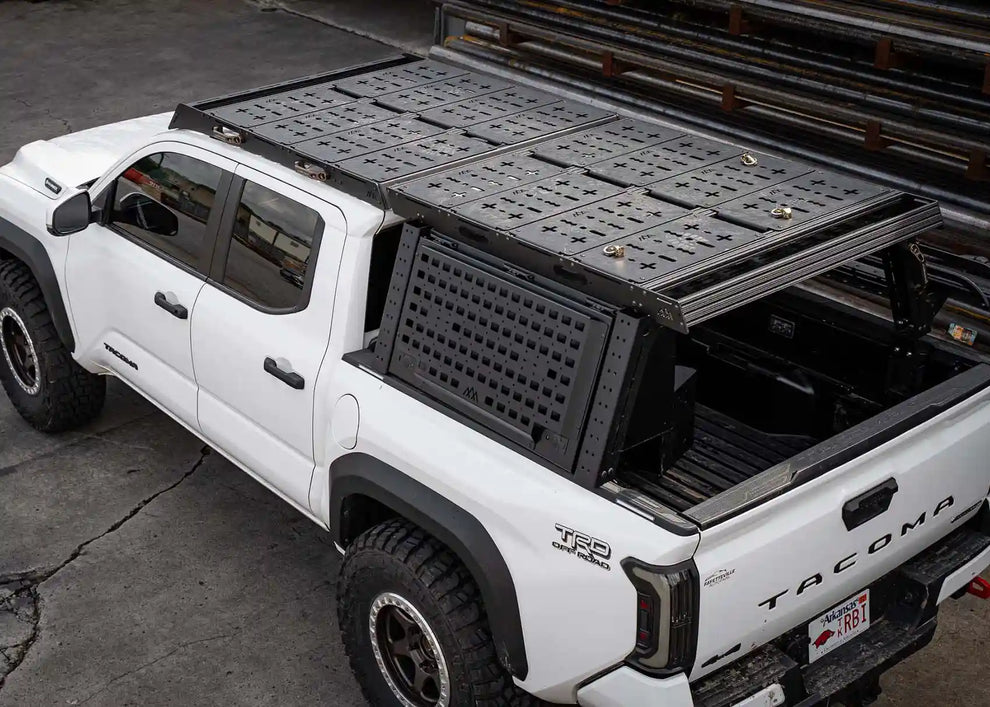 Backwoods Toyota Tacoma Overland Bed Rack top view showing crossbars