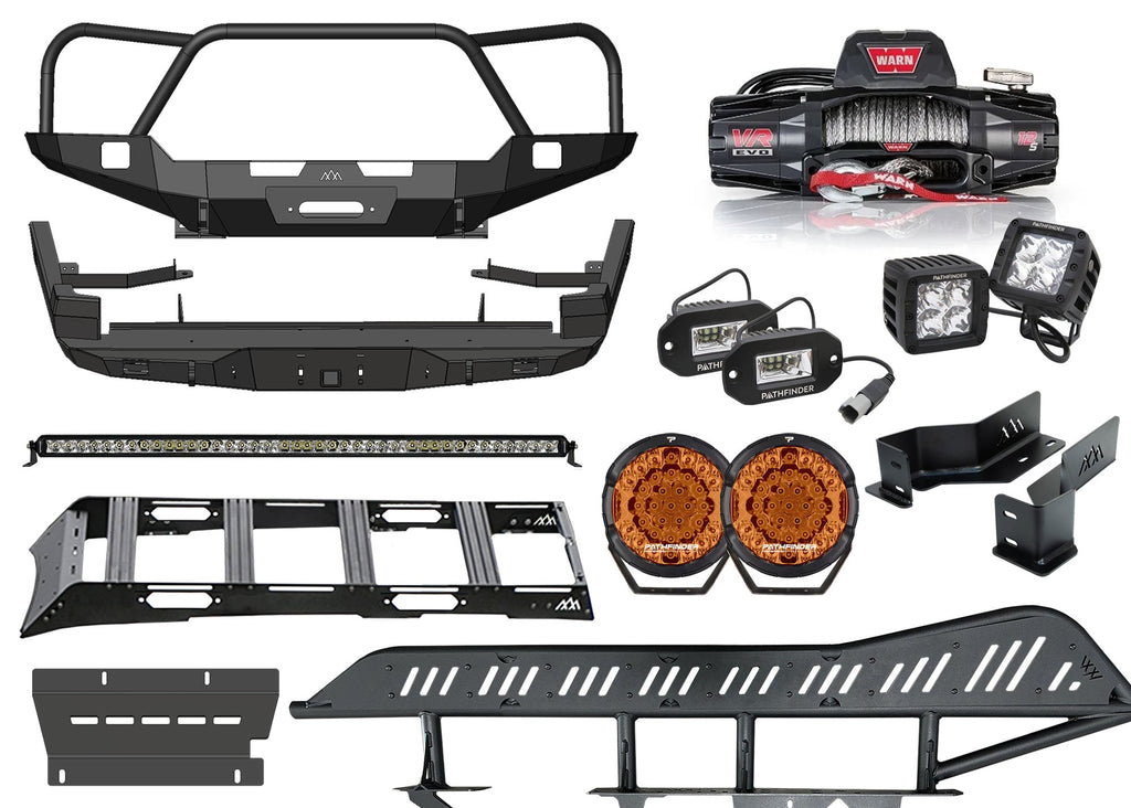 Backwoods Adventure Mods Ultimmate Off Road Kit bundle for 3rd Gen 2016-2023 Toyota Tacomas including front and rear Hi-lite series Hybrid Bumpers, Rock Sliders, DRIFTR Roof Rack, Warn Winch and complete set of Pathfinder LED off road lights