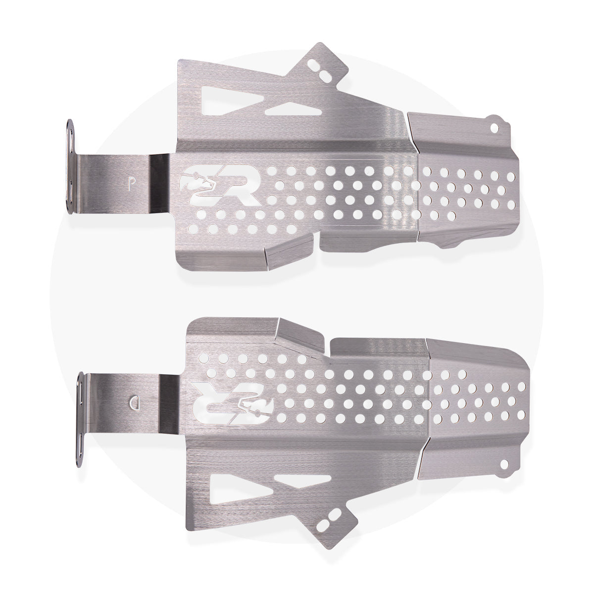 Cali Raised LED Tacoma catalytic converter shield driver and passenger panels in brushed 304 stainless steel with vent hole pattern