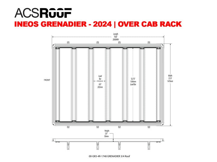 dimensions of the Leitner Designs ACS Roof Rack 3/4 Platform Ineos Grenadier 2024+