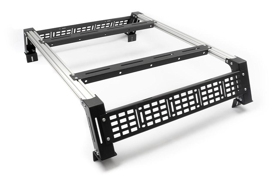 Cali Raised LED overland bed rack installed on a Ford Ranger with T-slot rails in black powder coat